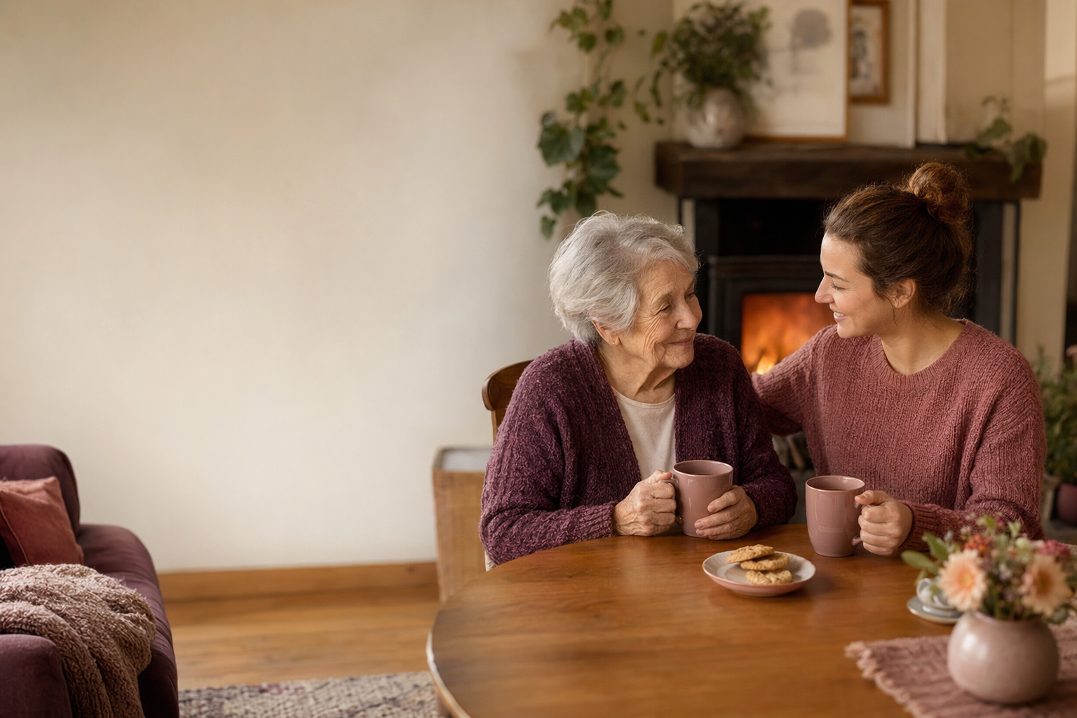 Warm illustration of a small family-style home with a lit hearth, a caregiver and an older adult sharing tea at a kitchen table